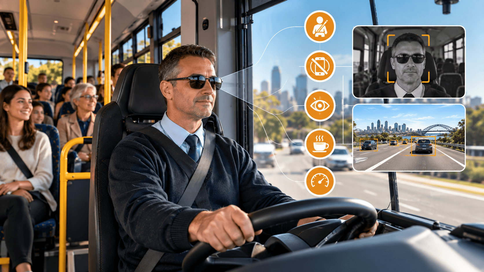 Passenger bus equipped with connected driver safety technology
