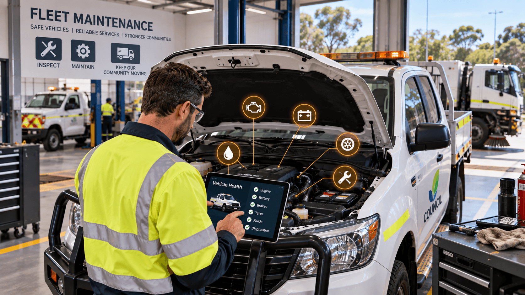 Public works vehicle with maintenance and telematics information